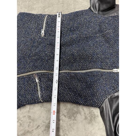 Maje Black Tweed Leather Sleeve Moto Zip Jacket FR 38 US 6 Chic Parisian Style - Picture 8 of 12